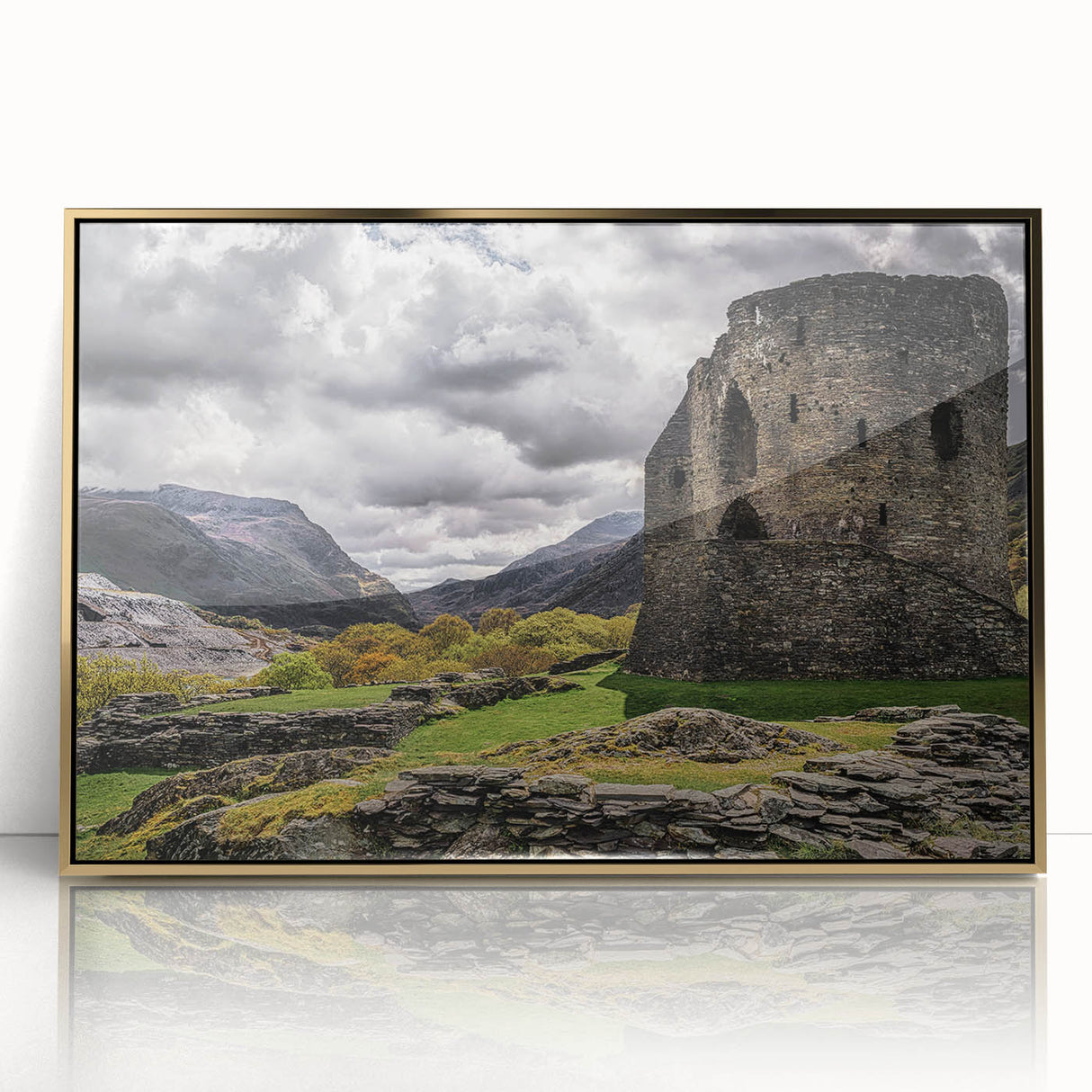 Large art print featuring a serene Welsh landscape in muted green and blue tones, framed in gold acrylic.