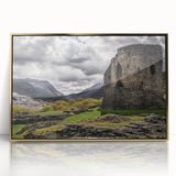 Large art print featuring a serene Welsh landscape in muted green and blue tones, framed in gold acrylic.