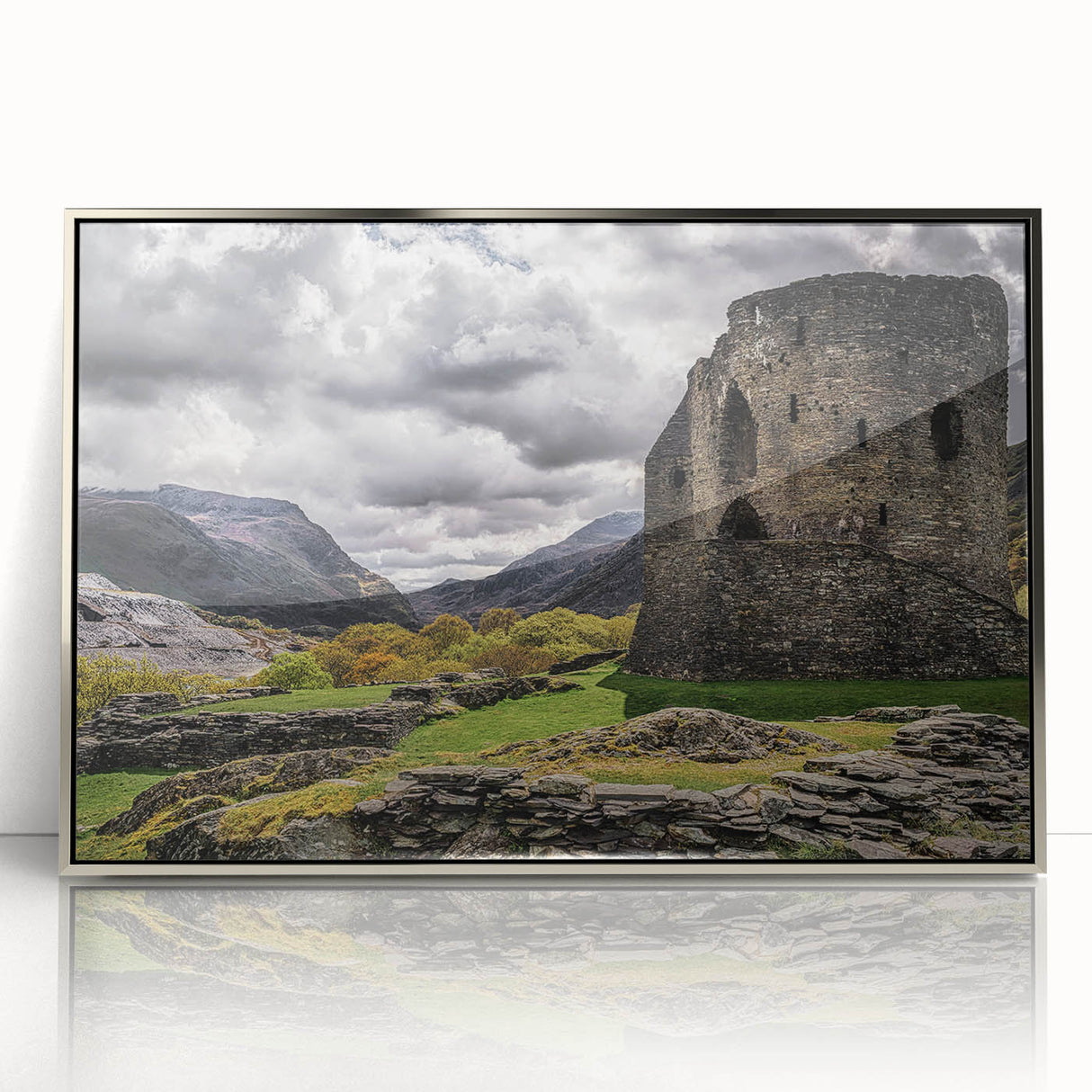 Mid-century modernist art of a scenic Welsh landscape, depicted in muted greens and blues on a silver-framed acrylic print.