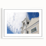Abstract art print of Cabo San Lucas scenery in muted earth tones, framed with white mat, ideal for dining room decor.