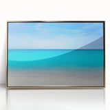 Large art print of Cancun scenery in mid-century modernist style, framed in gold acrylic, ideal for modern art wall decor.