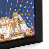 Framed canvas depicting a textured, colorful depiction of Mexico City skyline on a black background.