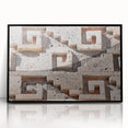 Large abstract wall art depicting a colorful Oaxaca scenery in mid-century modernist style, framed in black acrylic.