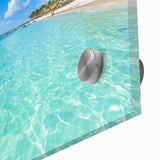 Large abstract wall art depicting a Quintana Roo scenery in vibrant blue and green tones on acrylic glass.