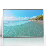 Art deco poster of Quintana Roo scenery in pastel hues, framed in white acrylic, ideal for modern nursery wall art.