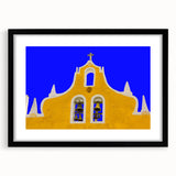 Extra large, textured abstract art print of a colorful Yucatan scenery on a framed black mat, ideal for living room decor.