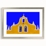 Textured art print of abstract Yucatan scenery in muted earth tones on a silver-framed mat, suitable for bedroom decor.