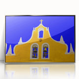 Mid-century modernist art depicting Yucatan scenery in muted earth tones on a silver-framed acrylic print.