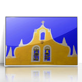 Art deco poster of Yucatan scenery in muted green and blue tones, acrylic print in a white frame, ideal for nursery wall art.