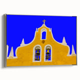 Framed canvas featuring a vintage-style landscape painting of Yucatan with colorful art elements and black borders.