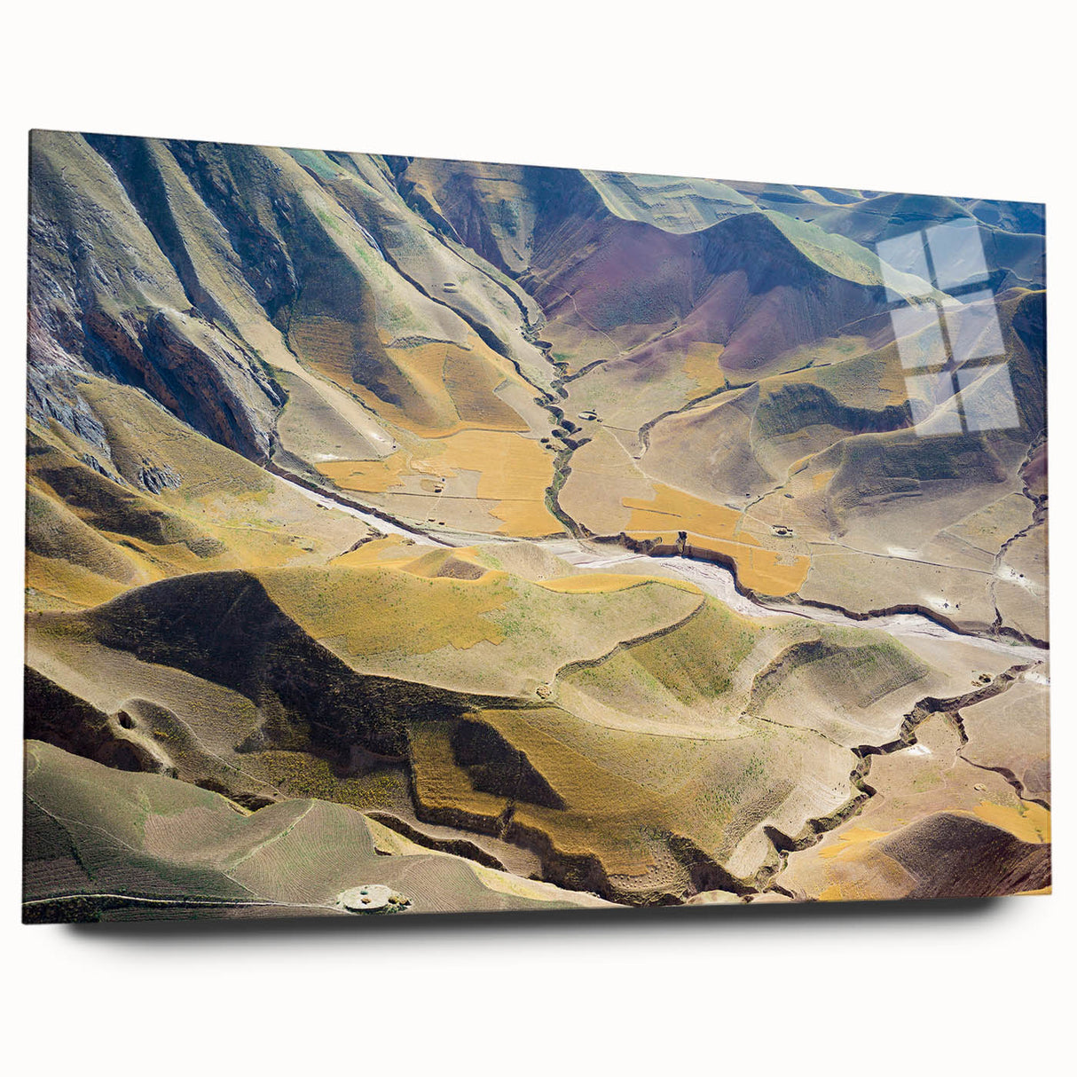 Large abstract wall art depicting a Middle Eastern landscape in muted earth tones on acrylic glass.