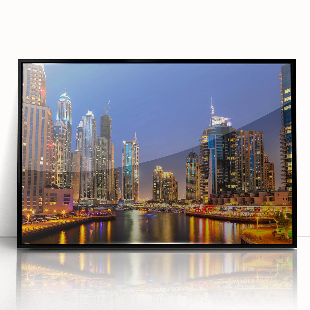 Large abstract wall art of Dubai skyline in muted gray and blue tones on a framed acrylic, ideal for modern office decor.