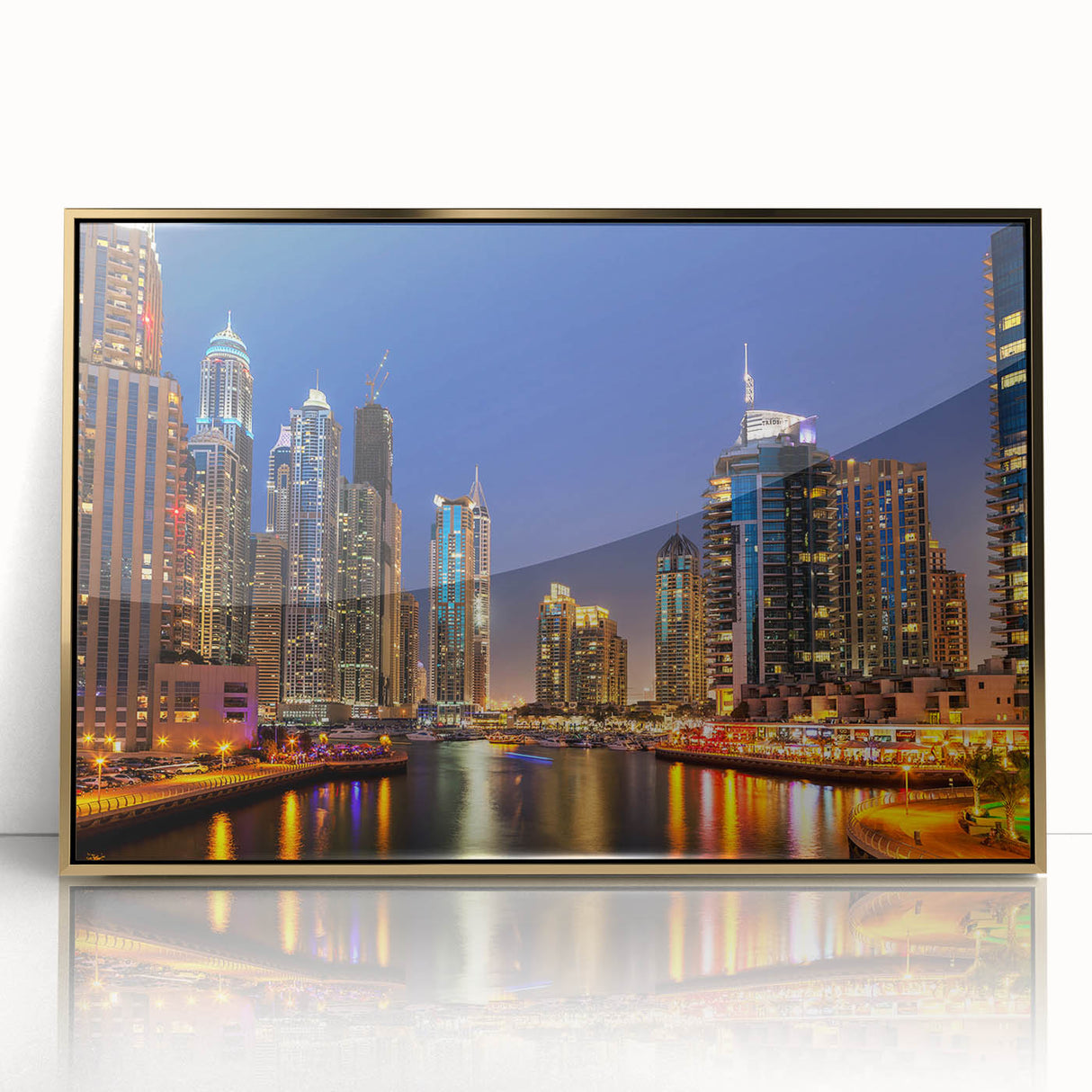 Framed acrylic print of Dubai skyline with gold and blue tones, suitable for modern art wall decor.