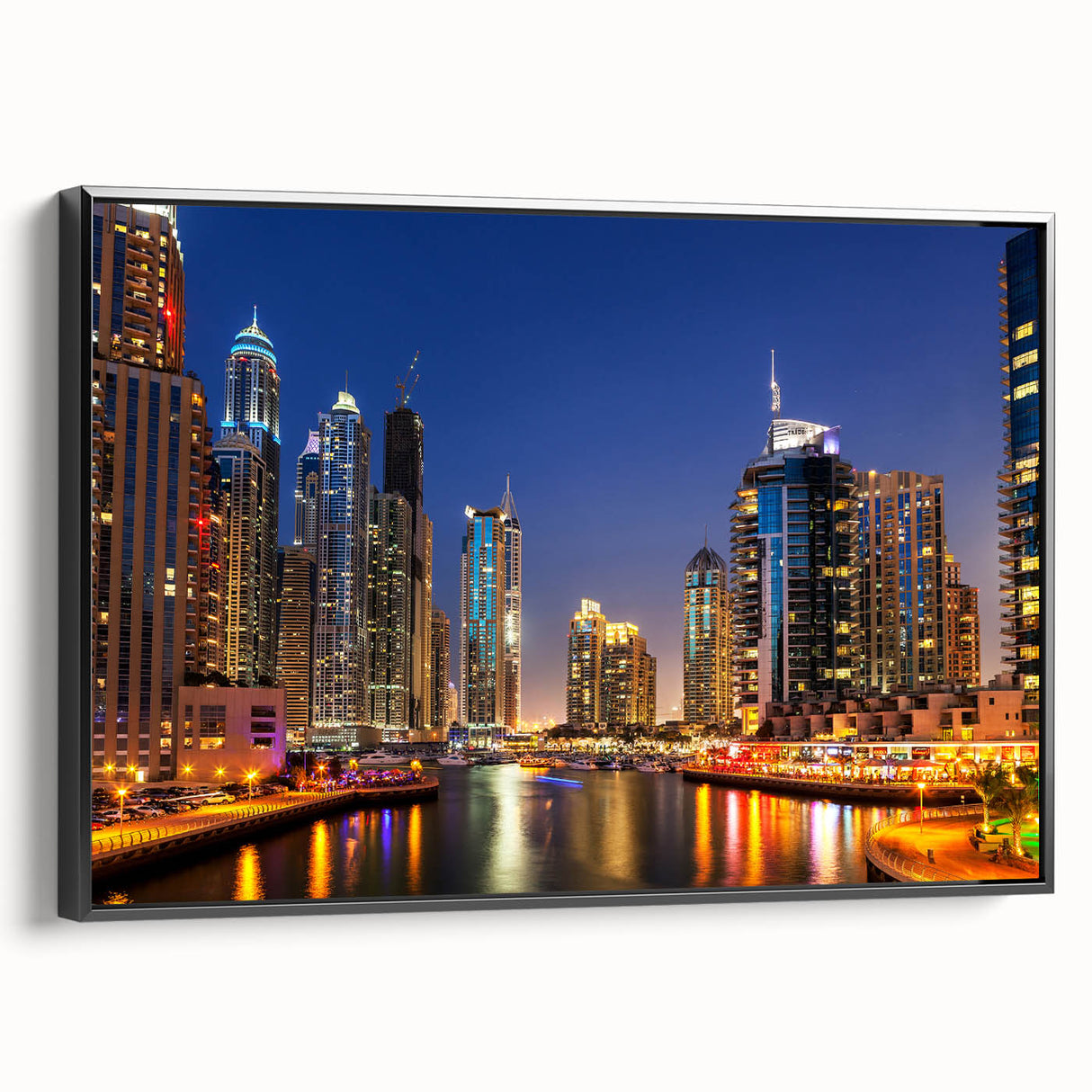 Black and white framed canvas depicting the Dubai skyline, ideal for bedroom wall decor with a vintage poster art style.