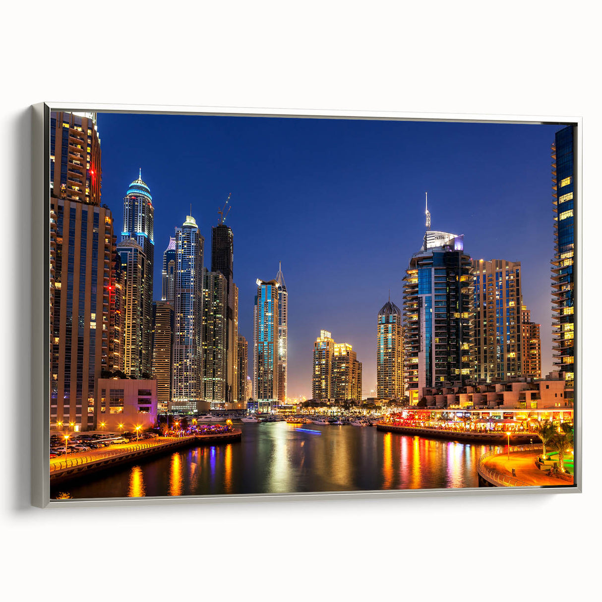 Framed canvas landscape art painting depicting a vintage-style Dubai skyline in colorful tones, ideal for office decor.