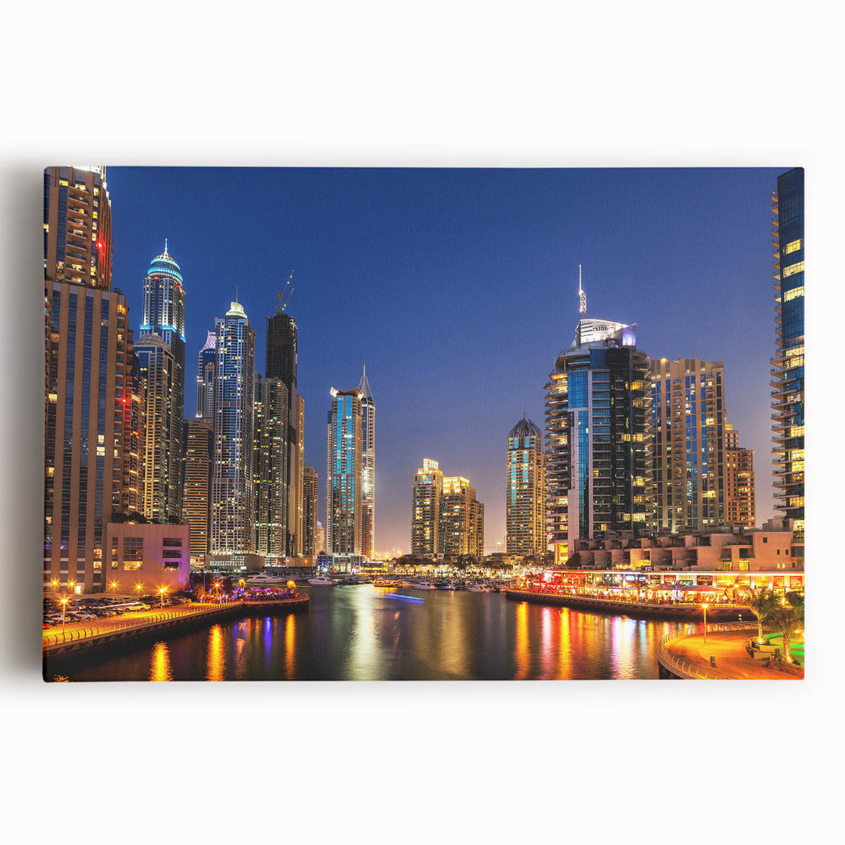 Black and white stretched canvas of Dubai skyline, ideal for kitchen wall art.