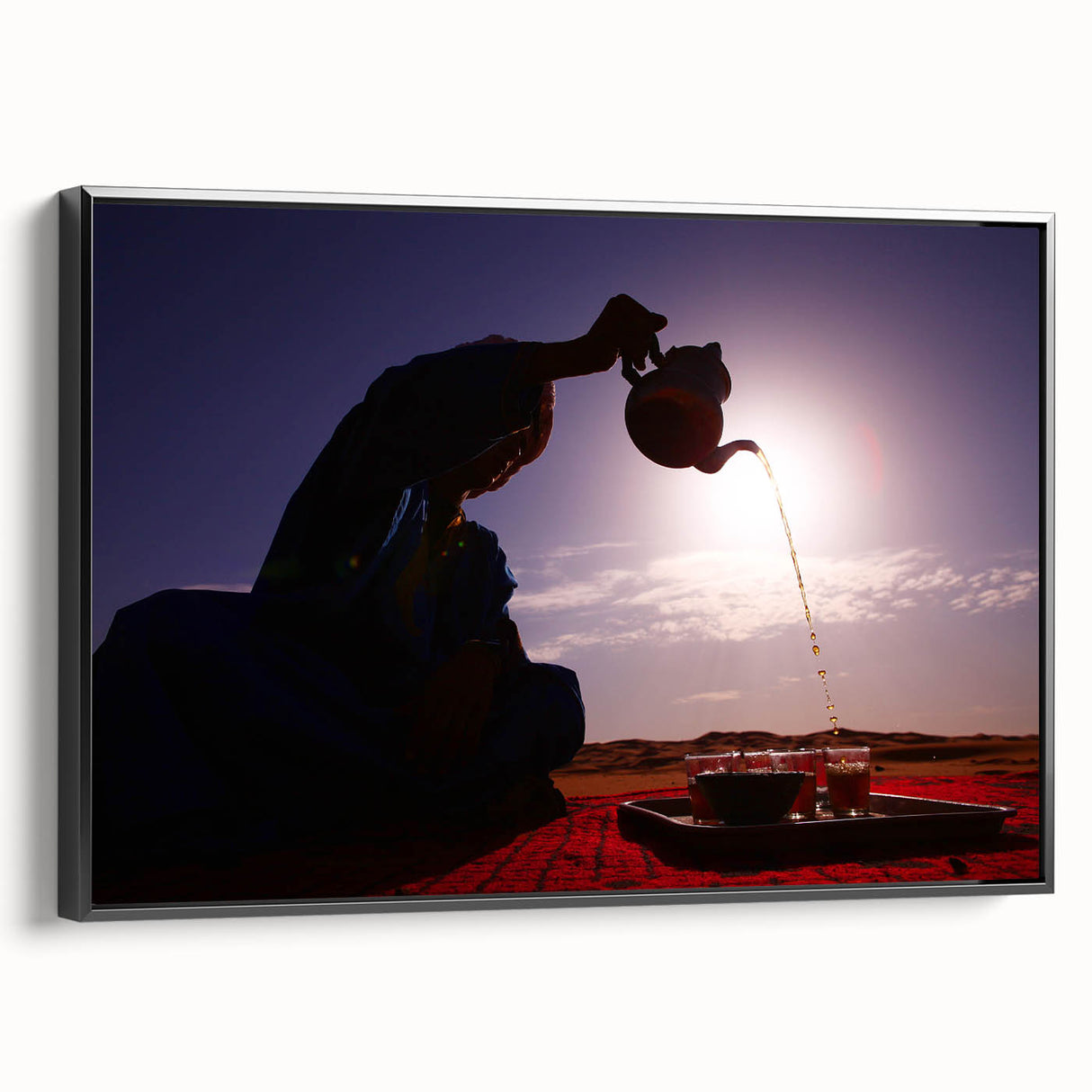 Black and white vintage poster art of a Middle Eastern landscape on framed canvas, suitable for bedroom decor.