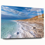 Acrylic print of the Dead Sea with soft blue and beige tones, suitable for bedroom or dining room decor.
