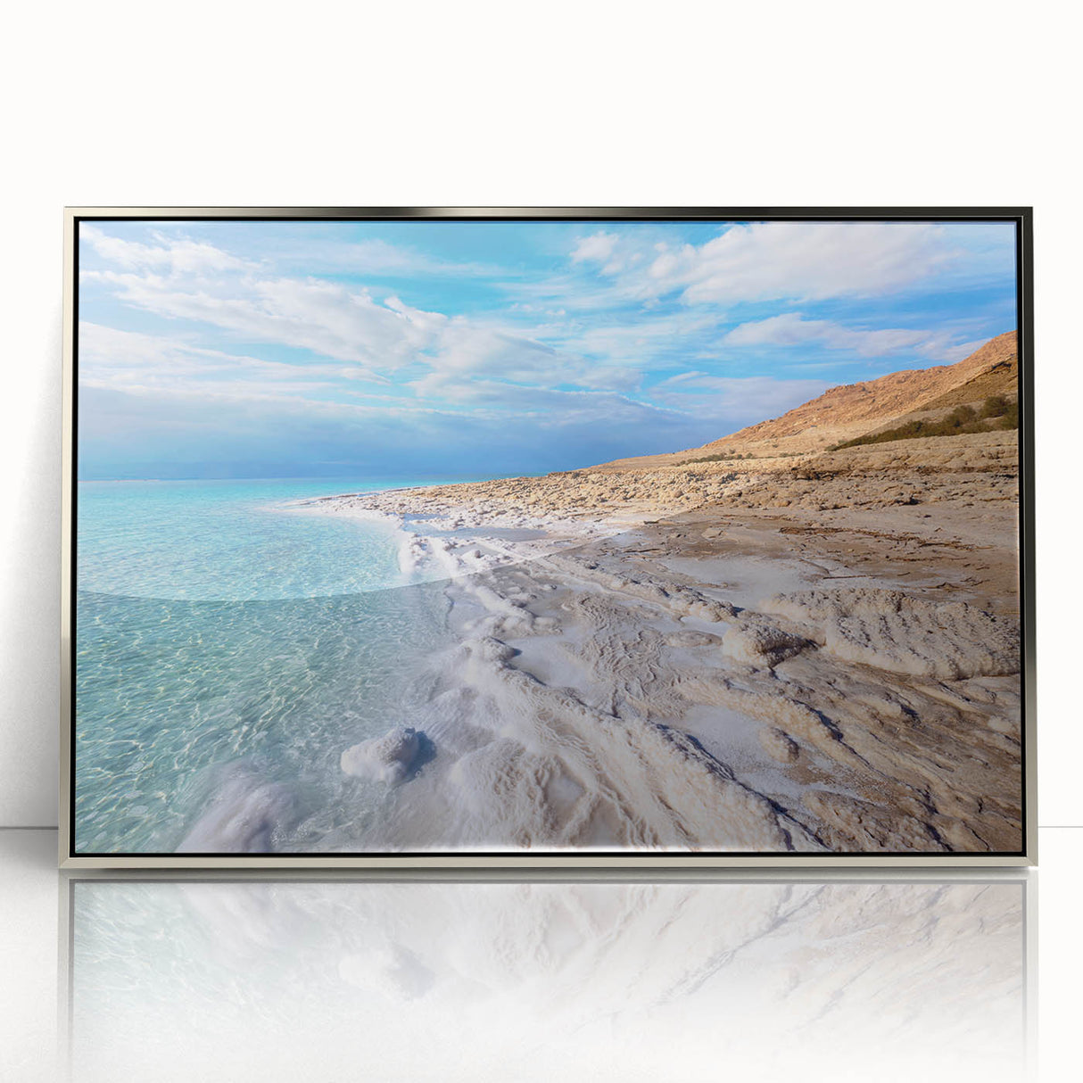 Mid-century modernist art of the Dead Sea with muted earth tones on a framed acrylic print.
