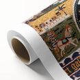 Art deco poster of Jerusalem skyline in muted gold and blue tones on rolled canvas, ideal for nursery wall art.