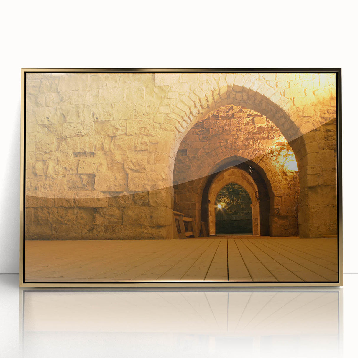 Framed acrylic print of a Middle Eastern landscape in gold and earth tones, suitable for modern art wall decor.