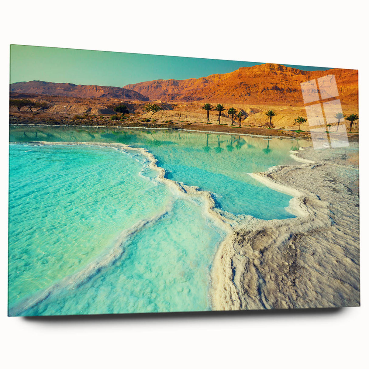 Large abstract wall art on acrylic glass depicting a serene Jordanian landscape, ideal for bedroom or dining room decor.