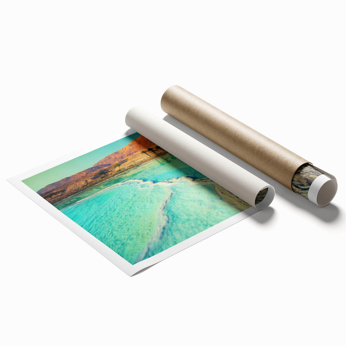 Extra large rolled print depicting a Jordanian landscape with vibrant floral elements, ideal for classy bathroom wall art.
