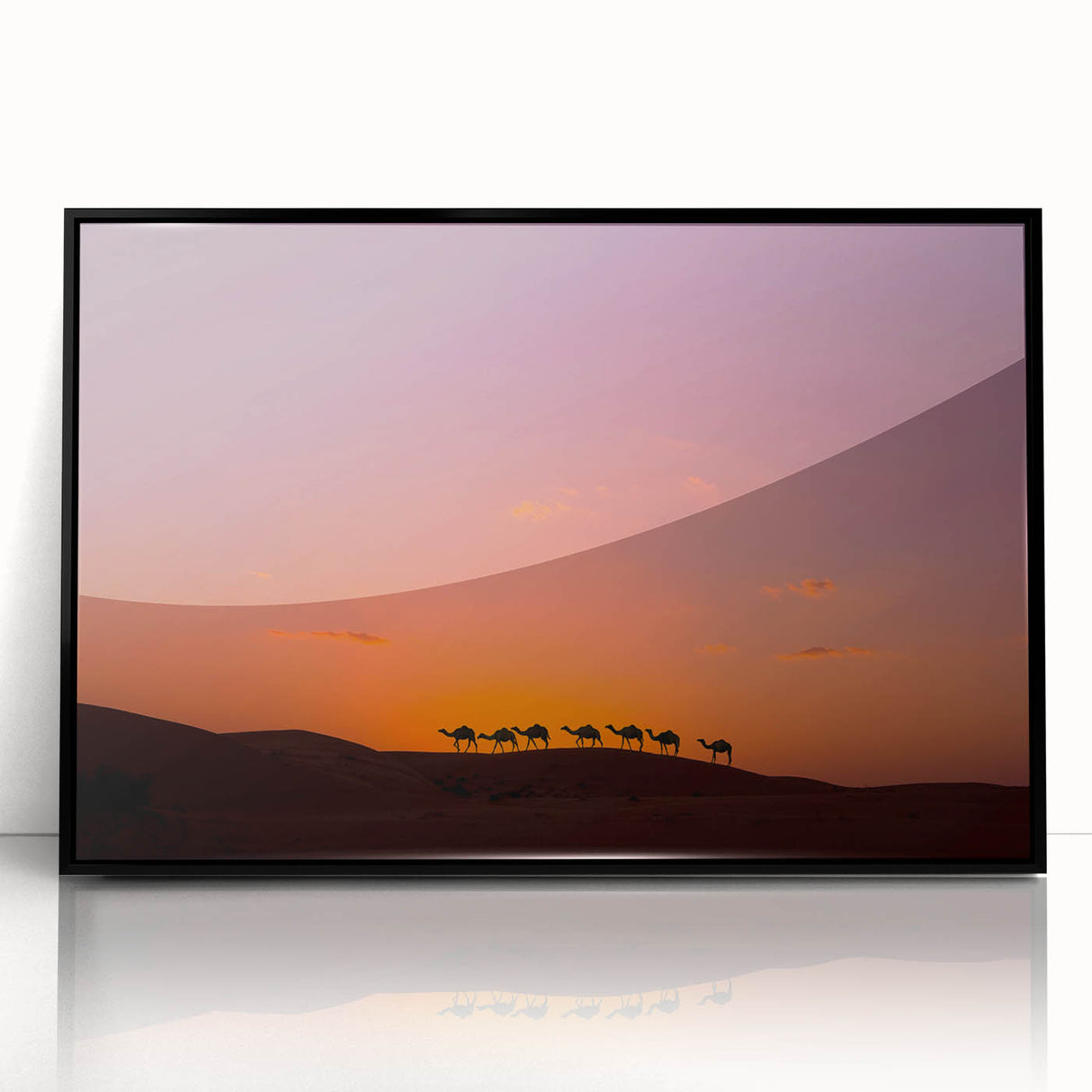 Large abstract wall art featuring a Middle Eastern Oman scenery in muted earth tones, framed in black acrylic.