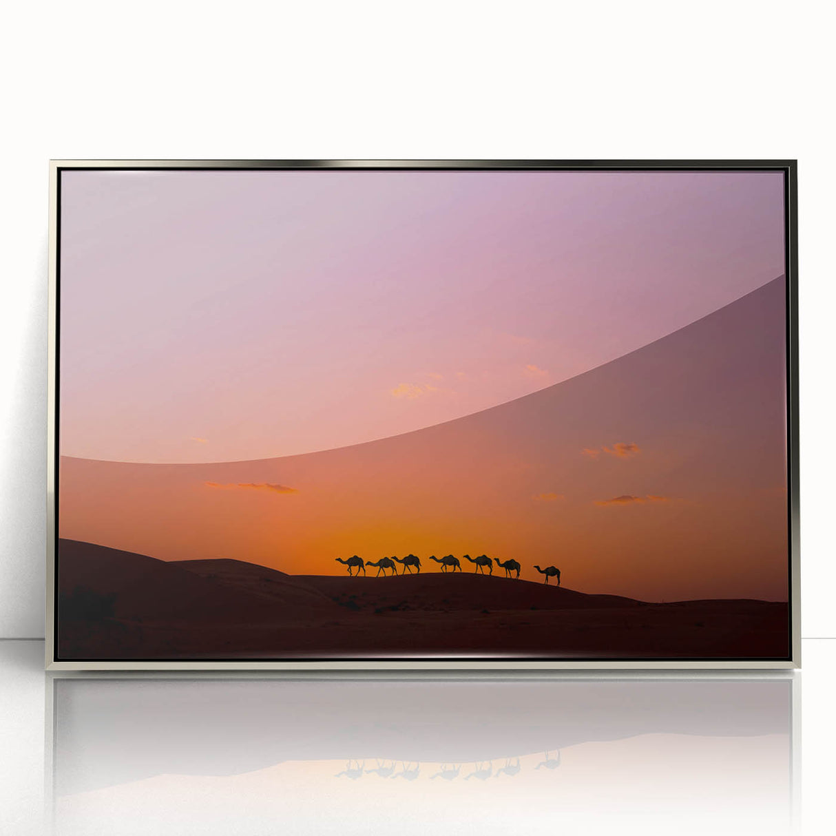 Mid-century modernist art depicting a serene Middle Eastern landscape in neutral tones on a silver-framed acrylic print.