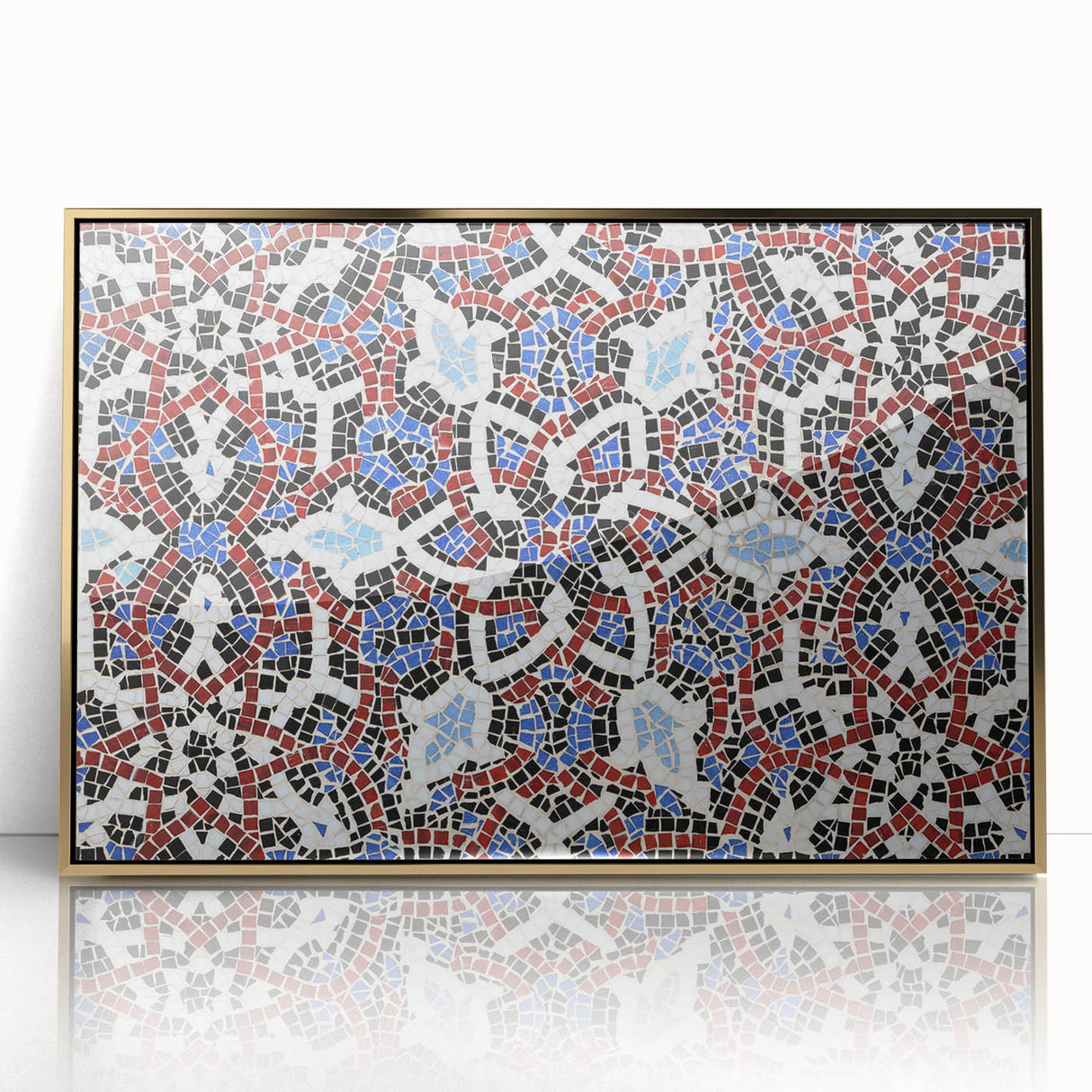 Acrylic print of a Qatar scenery in gold and blue tones, framed, ideal for modern art wall decor.