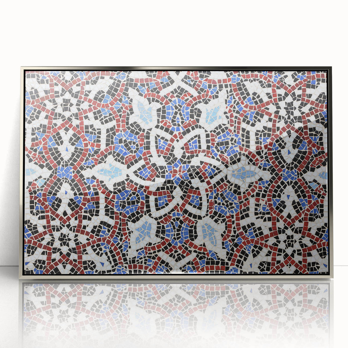 Mid-century modernist art of Qatar scenery in muted earth tones on a silver-framed acrylic.