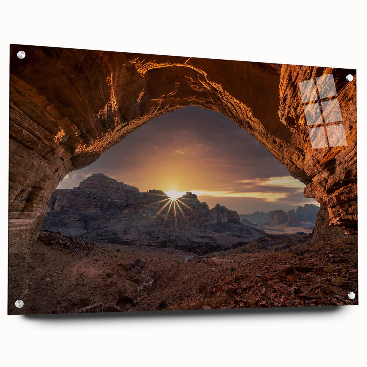 Acrylic print of a Middle Eastern landscape, featuring earthy tones and minimalist style, suitable for dining room decor.
