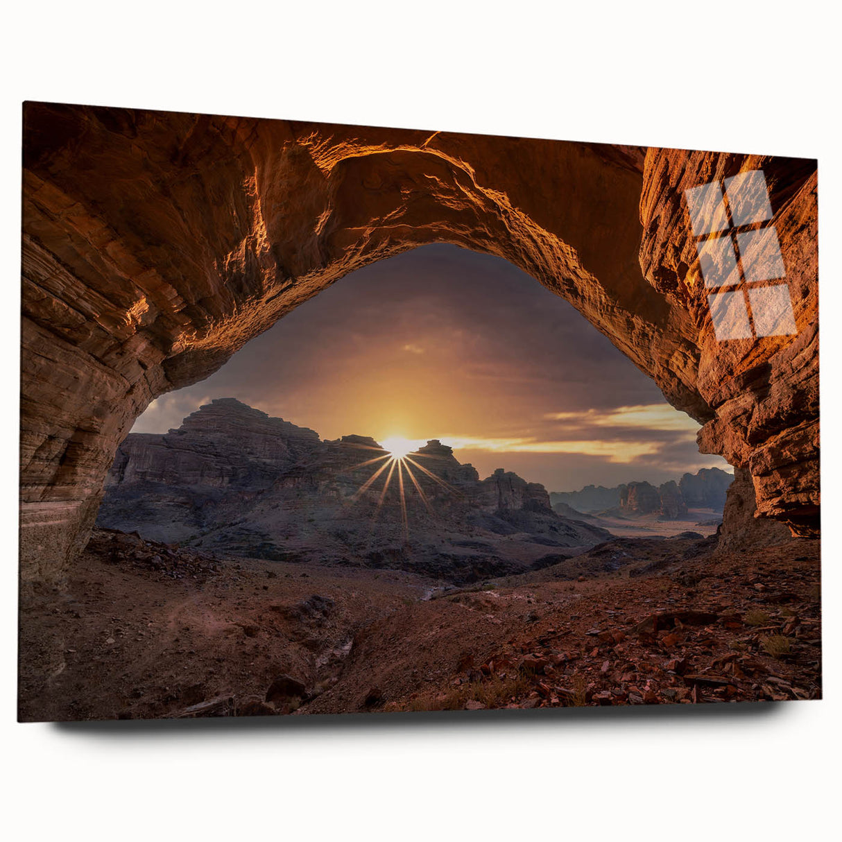 Large abstract wall art depicting a Middle Eastern desert scene in muted earth tones, printed on acrylic glass.