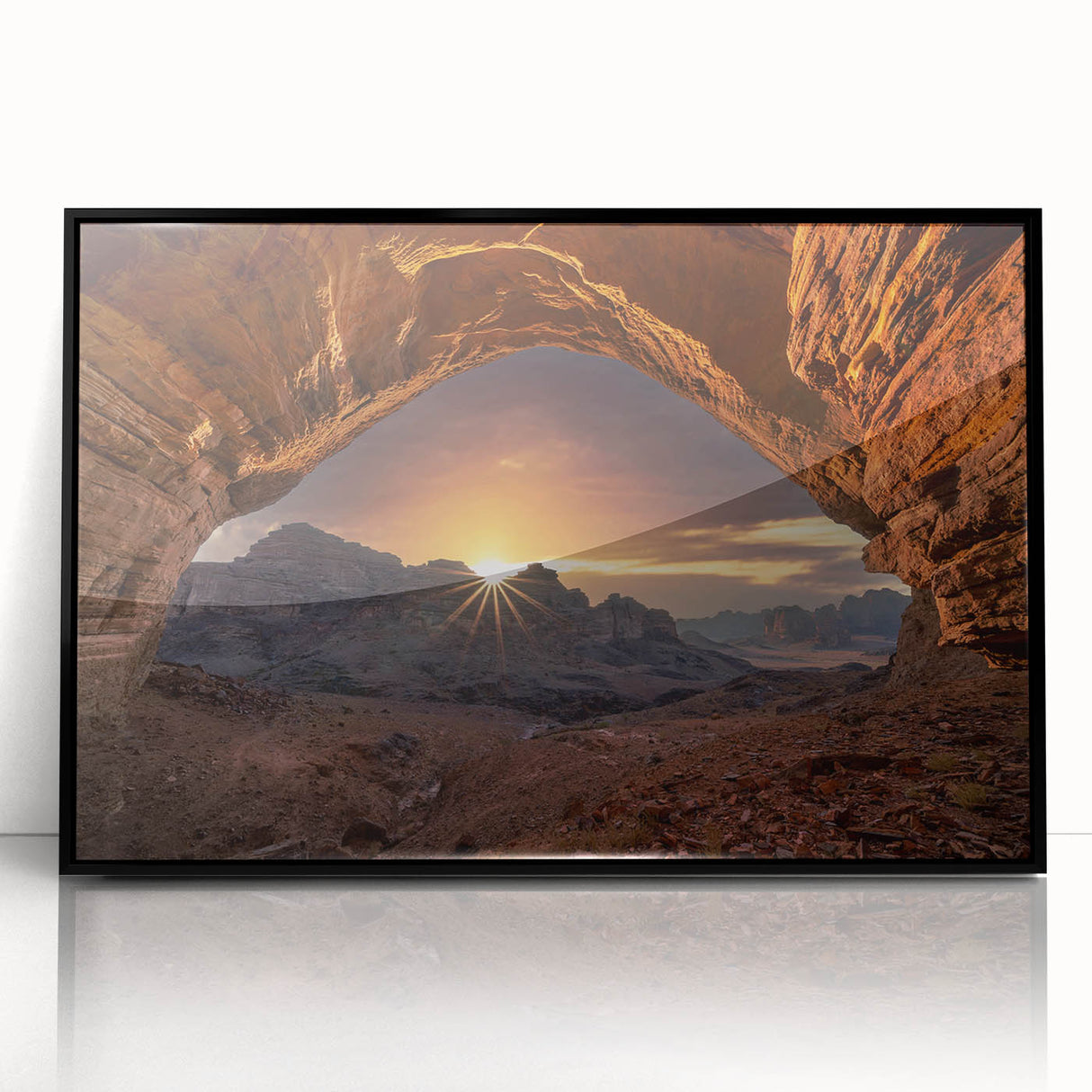 Large abstract wall art depicting a Middle Eastern desert landscape in muted earth tones, framed in black acrylic.