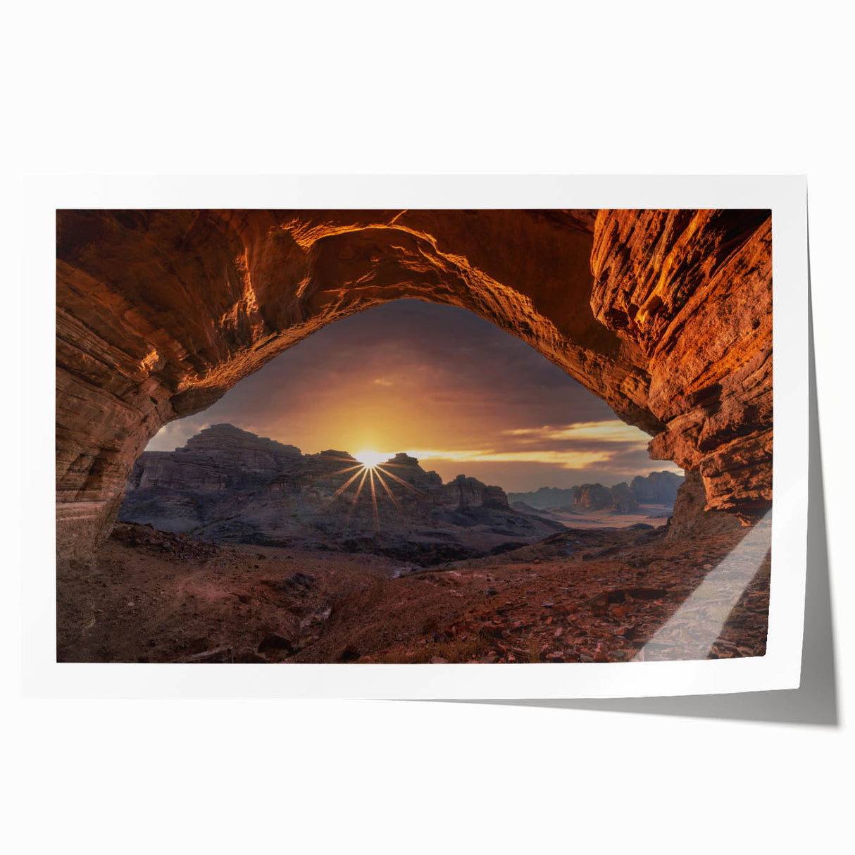 Extra large rolled print of a Saudi Arabian landscape with floral elements in earthy tones, ideal for dining room decor.