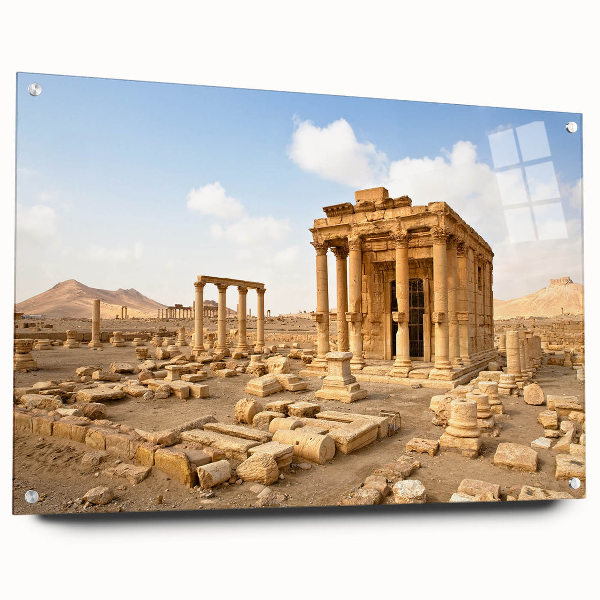 Large abstract wall art of a Middle Eastern Syria scenery in muted earth tones on acrylic glass.