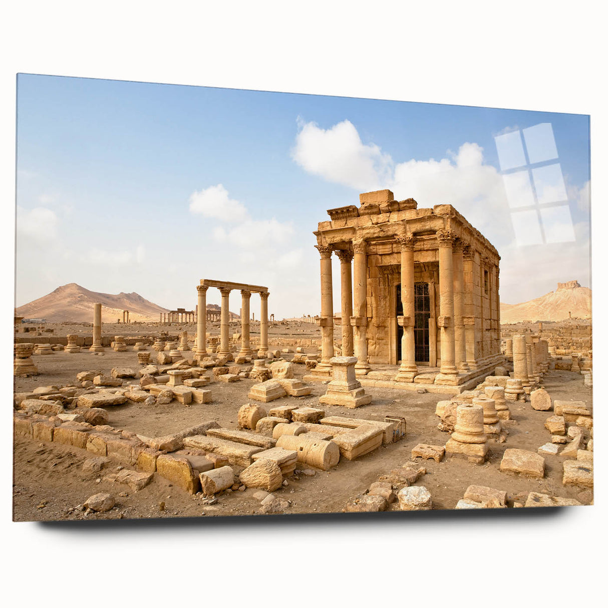 Large abstract wall art of a Middle Eastern Syrian scenery in muted earth tones on acrylic glass.