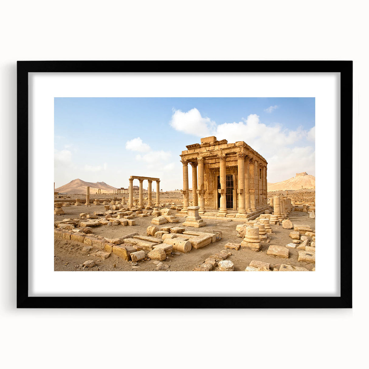 Abstract art print of a Middle Eastern scenery in colorful, textured hues on a large framed canvas.