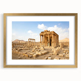 Extra large wall art depicting an abstract Syrian landscape in textured gold and earth tones, framed with a mat.