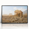 Large abstract wall art depicting a stylized Middle Eastern landscape in muted earth tones on a framed acrylic panel.