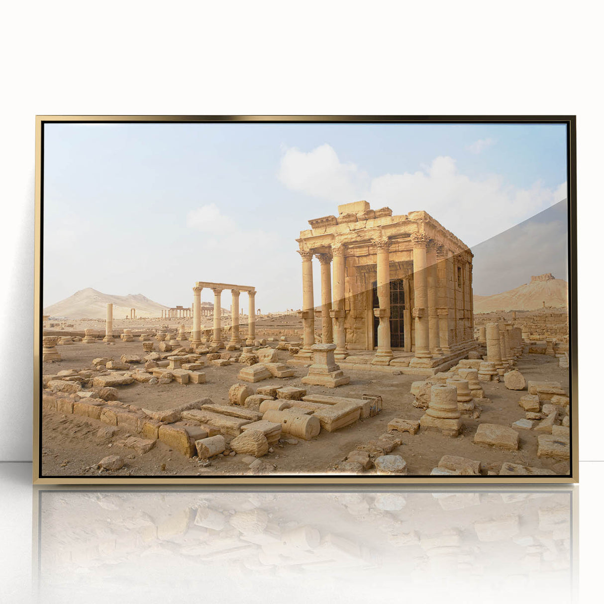 Framed acrylic print of a Syrian landscape in gold and earth tones, ideal for modern art wall decor.