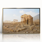 Framed acrylic print of a Syrian landscape in gold and earth tones, ideal for modern art wall decor.