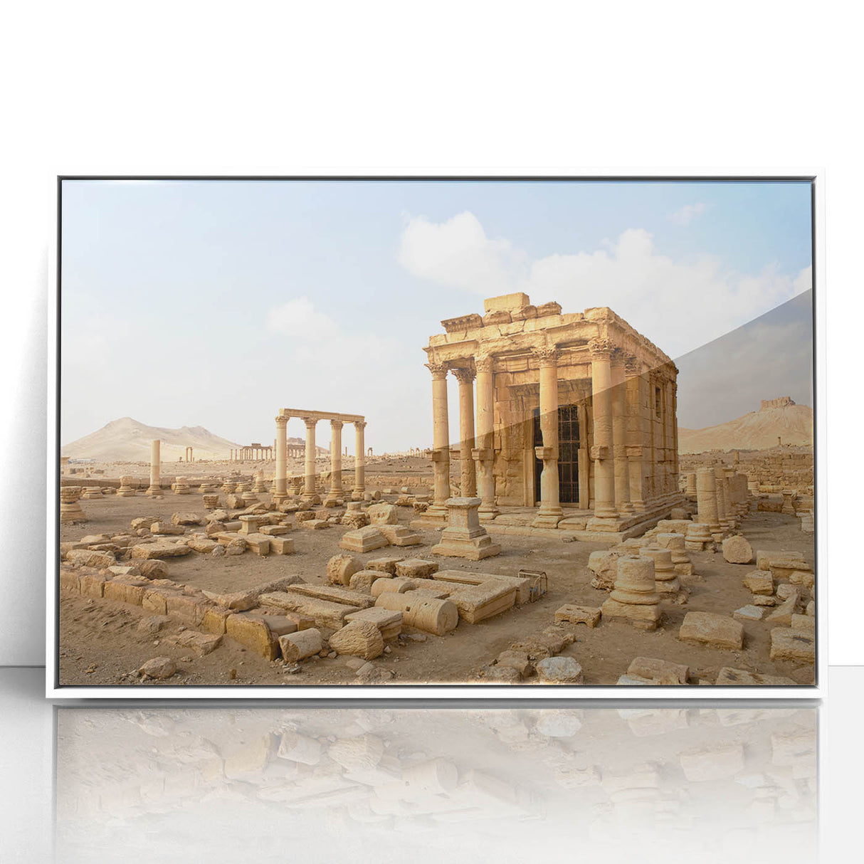 Acrylic print of a Middle Eastern Syrian landscape in soft pastel colors, framed in white.