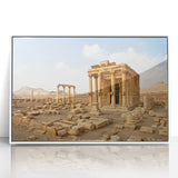 Acrylic print of a Middle Eastern Syrian landscape in soft pastel colors, framed in white.