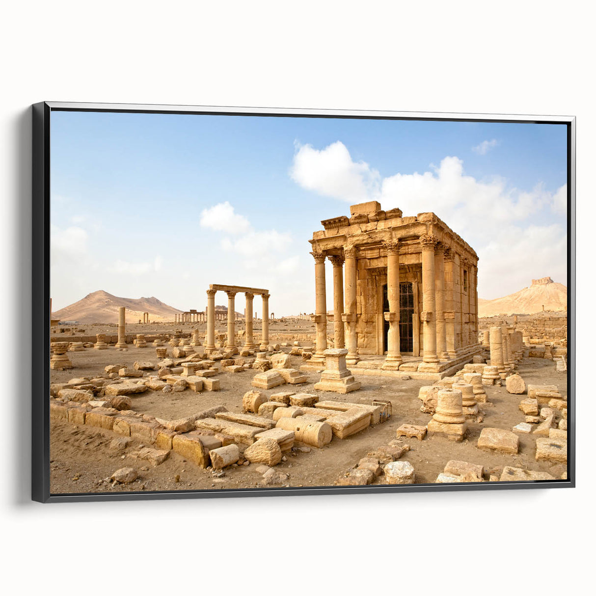 Black and white framed canvas of a vintage Syrian landscape, ideal for bedroom wall decor.
