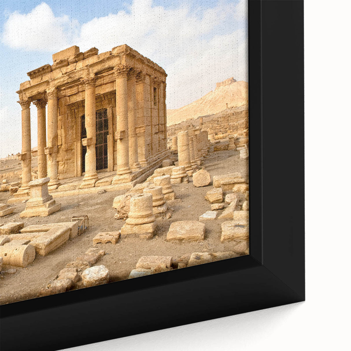 Extra large framed canvas featuring a textured, colorful Middle Eastern Syrian scenery in black, ideal for living room decor.