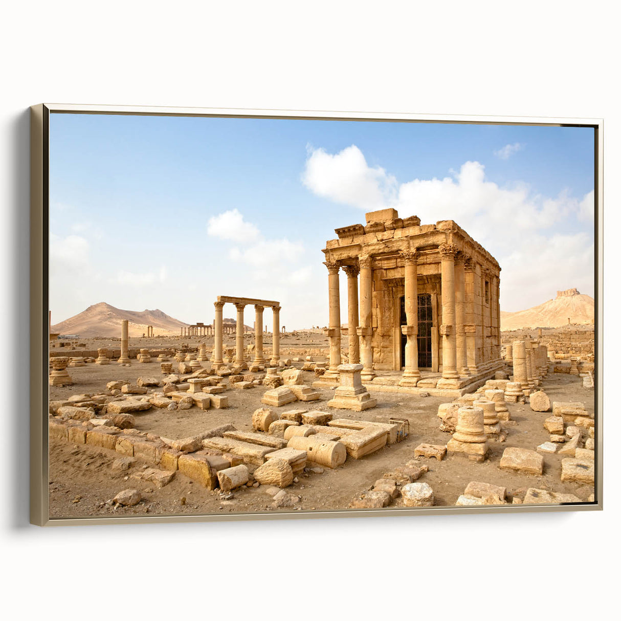 Framed canvas featuring a vintage-style landscape painting of a Middle Eastern scenery, with black and gold tones.