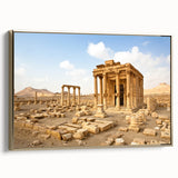 Framed canvas featuring a vintage-style landscape painting of a Middle Eastern scenery, with black and gold tones.