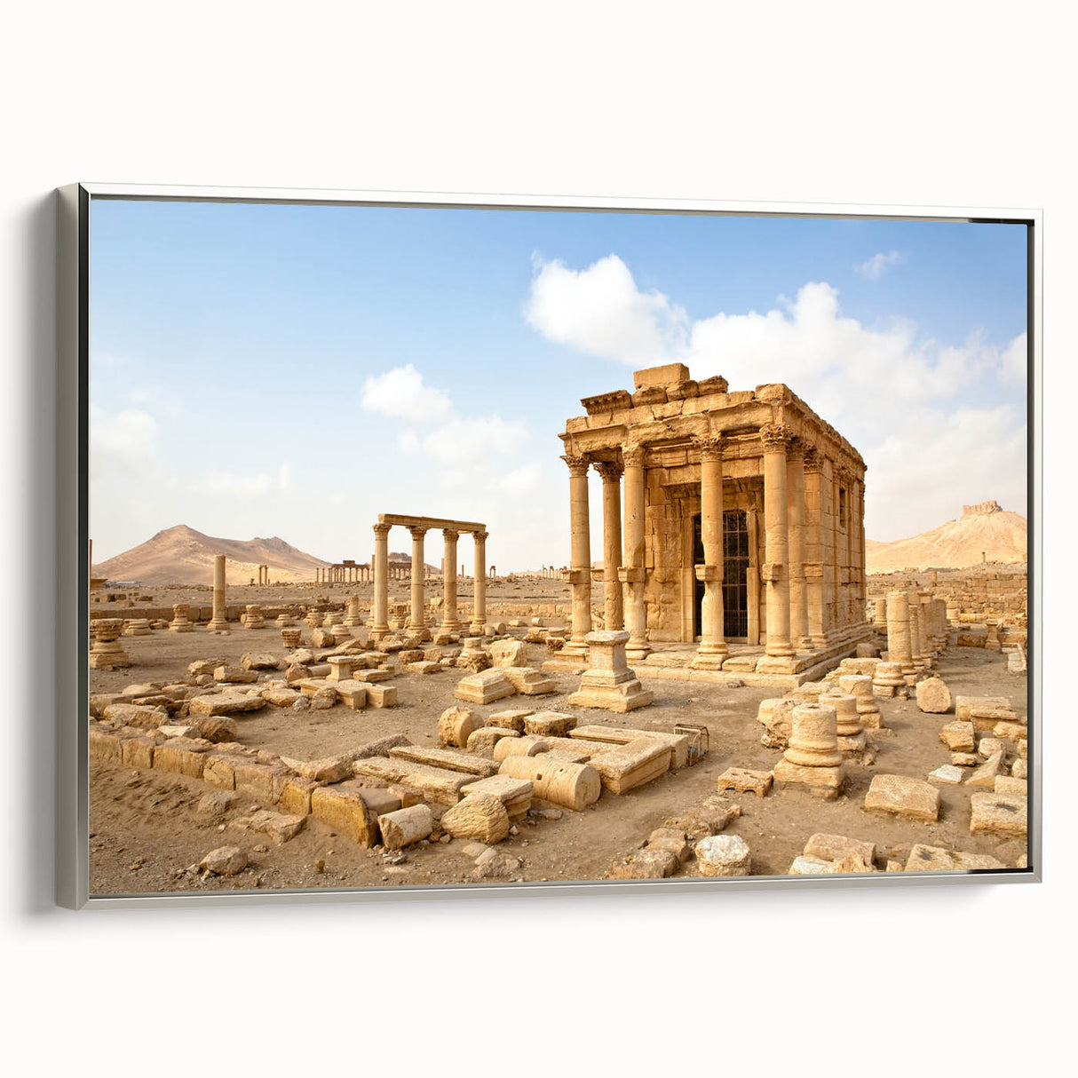 Landscape art painting of a Middle Eastern scene on a silver-framed canvas, featuring a colorful palette with black accents.
