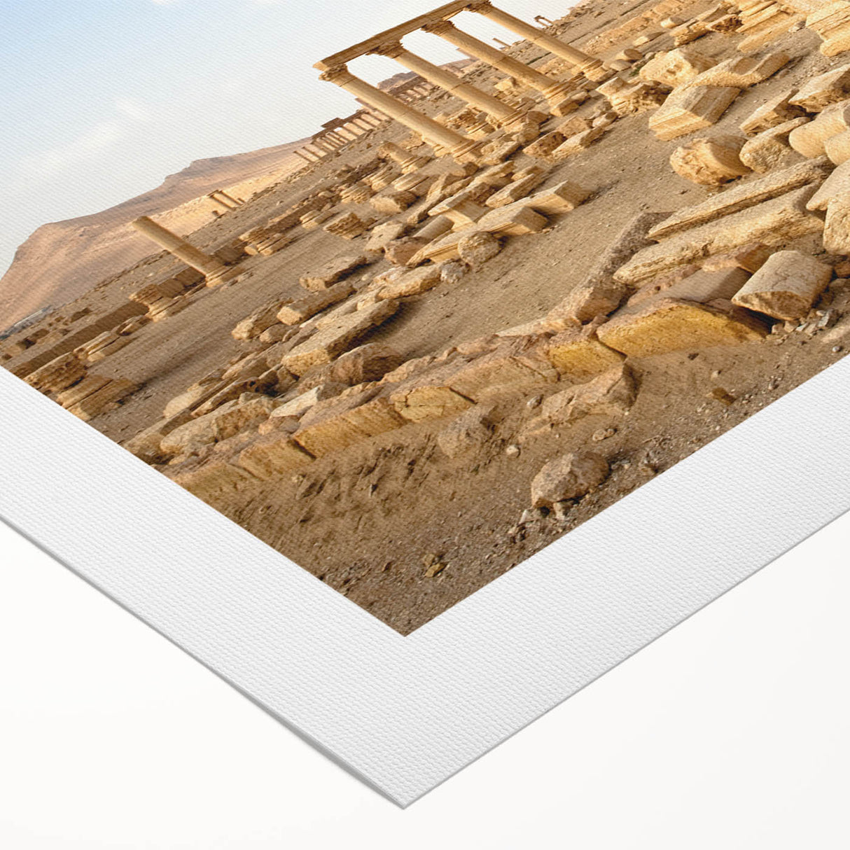 Art deco poster of a Middle Eastern Syrian landscape on rolled canvas, featuring muted earth tones.